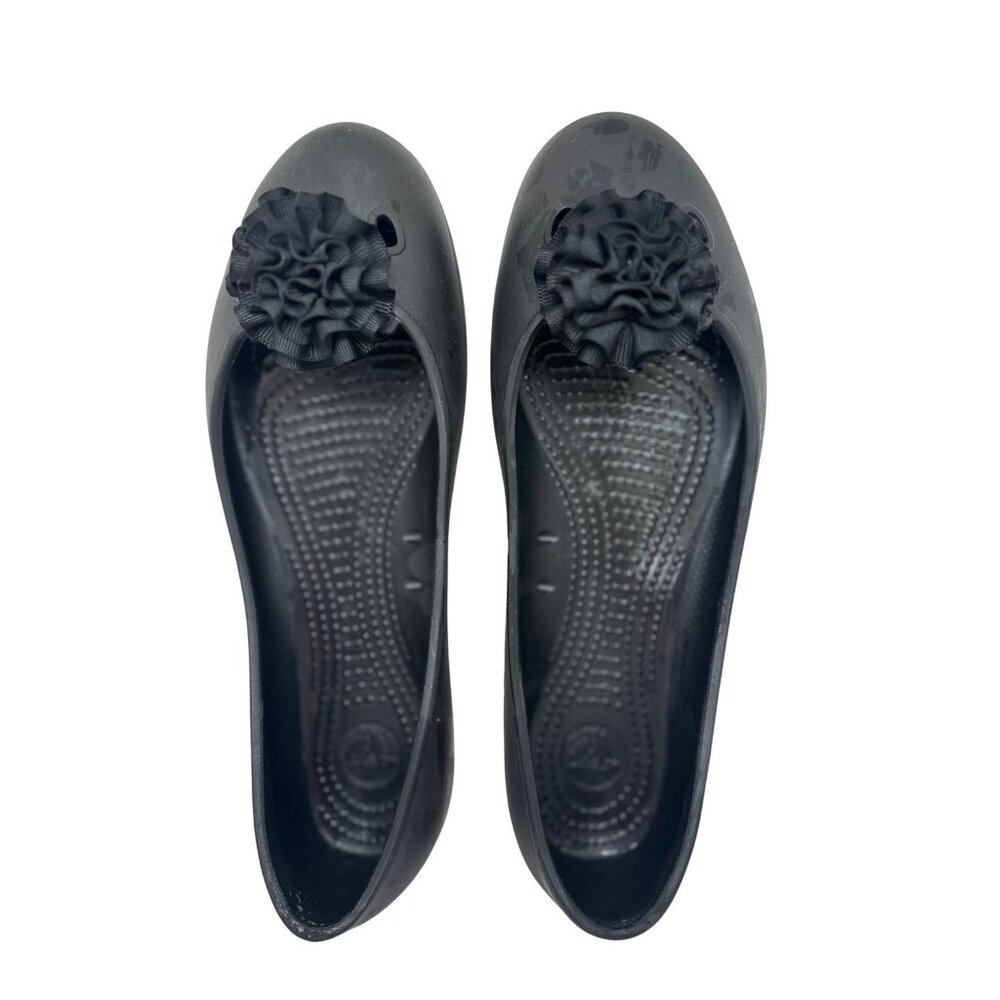 Crocs Women Black Ballet Flats Size W10 Ruffle Flower Slip On Casual Comfortable
